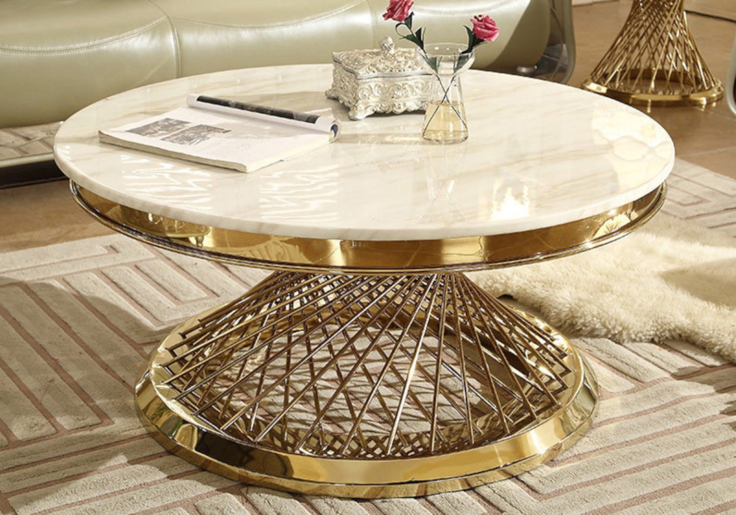 Table basse ronde dorée marbre blanc LUC -Table Salon Design Luxe